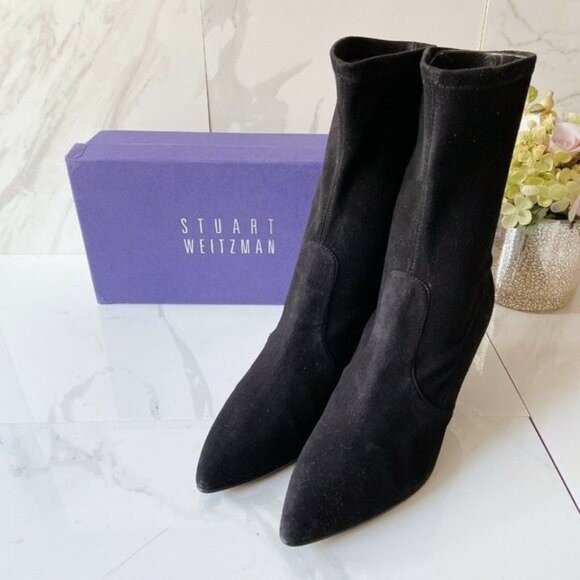 Stuart Weitzman Wren Pointed Toe Heel Ankle Sock Boots Black Suede US 11.5 Spain - Picture 5 of 9